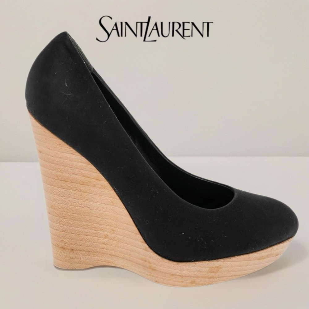 🚨 Yves Saint Laurent (YSL) Maryna Black Suede Wedge Pump Size 37 Authenticated